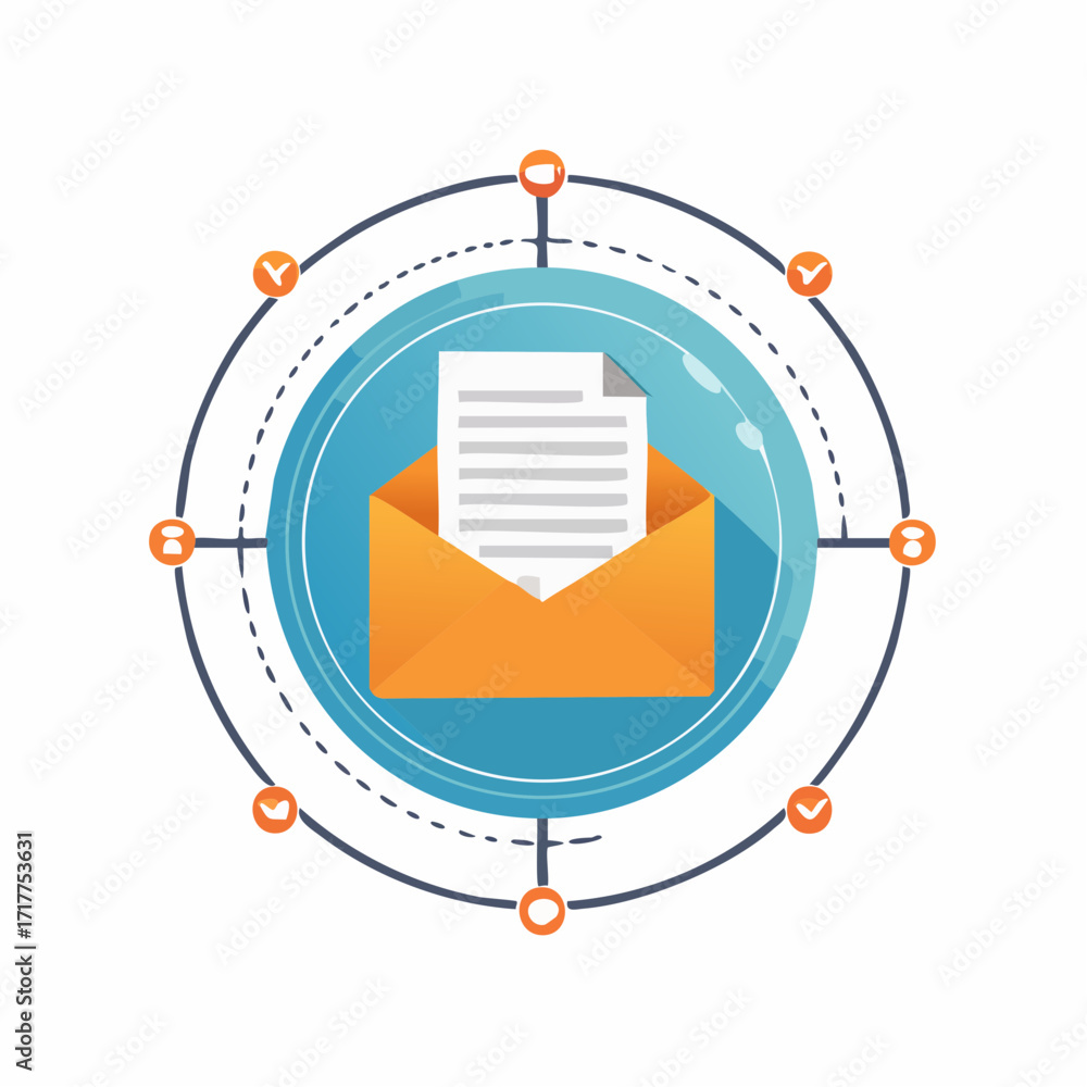 Poster digital message sending network workflow illustration with open envelope and document