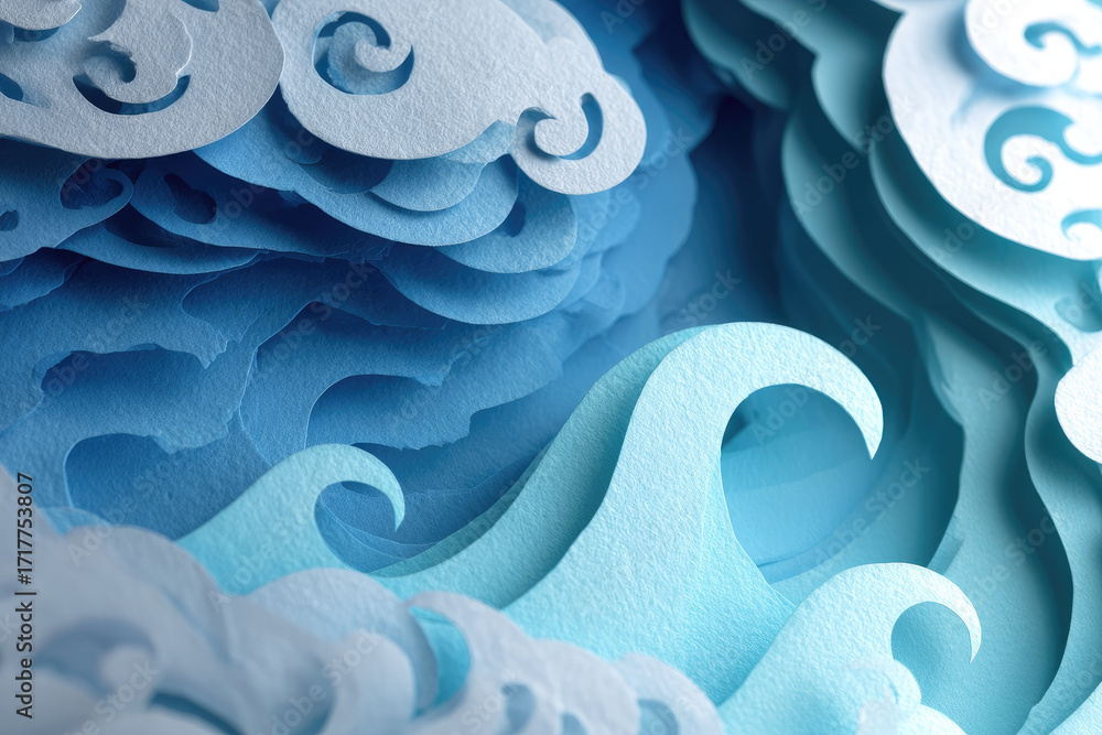 Poster layered paper cut scene of swirling blue ocean waves and clouds, creating dynamic and artistic abstr