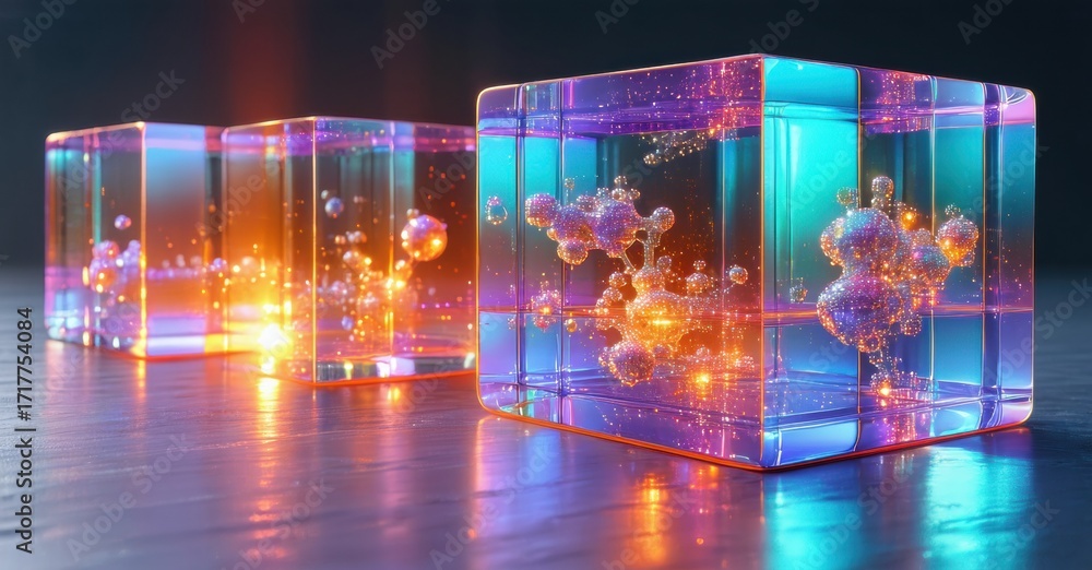 Poster glowing cubes display vibrant internal structures. light radiates, creating colorful reflections on 