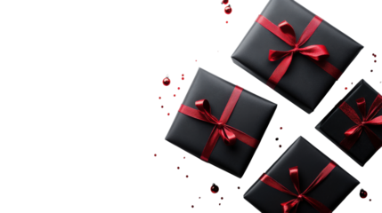 Black gift boxes with red ribbon isolated on a transparent background