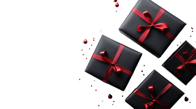 Black gift boxes with red ribbon isolated on a transparent background