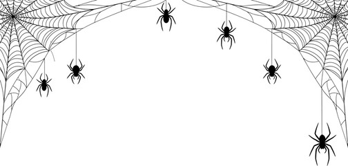 Black and white illustration of spooky spiderwebs with hanging spiders, perfect for Halloween decorations and graphic design