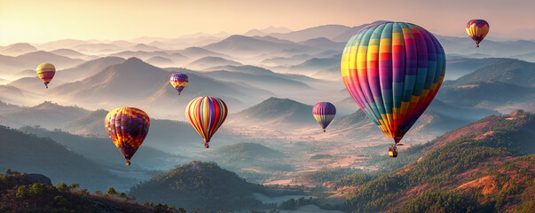 Fototapeta premium colorful hot air balloons flying above mountain landscape