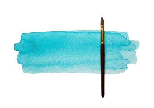 Textured aqua blue-green watercolor swatch with smooth shifts, sable brush with golden ferrule beside, on a pristine transparent background. Concept of professional artistry