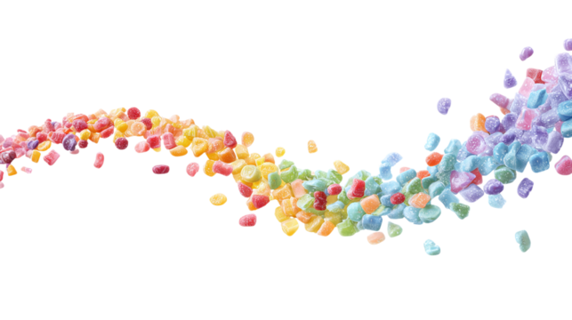 Colorful candy falling in rainbow stream, Halloween sweets design, isolated on transparent background