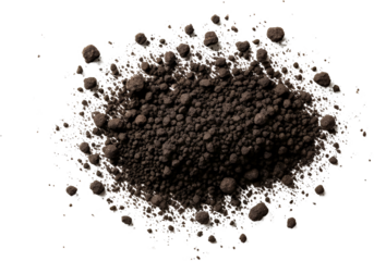 Pile of dark brown soil with many small clumps and fine particles scattered around isolate Dirt Earth
