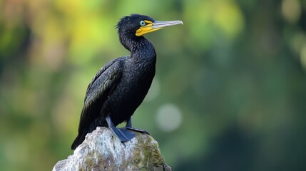 Fototapeta premium Black bird perched on rock, vibrant bokeh