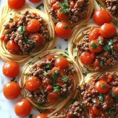 Juicy ground meat and vibrant cherry tomatoes atop delicate noodles create a savory feast