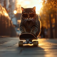 A trendy cat skates on a board, wearing sunglasses during a lovely sunset