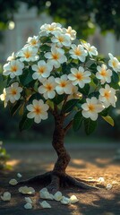 A stunning frangipani tree blooms with bright white flowers, bringing joy to the garden