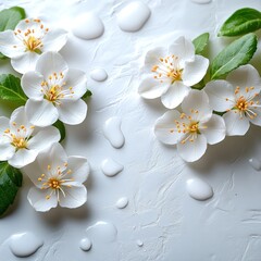 White blossoms and green leaves atop a smooth surface create a serene scene