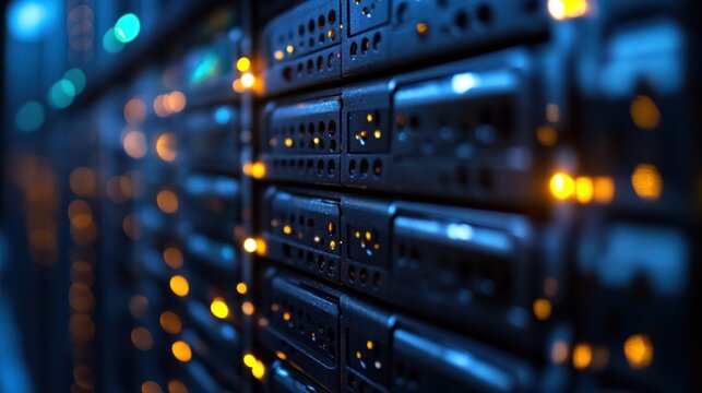 Servers glow softly in the technology hub, showcasing a high capacity data center