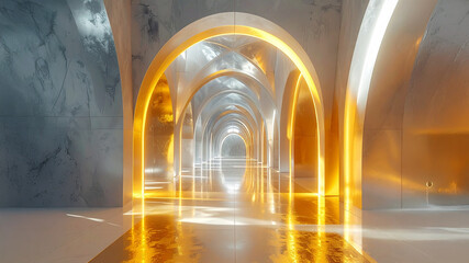 A stunning, symmetrical architectural corridor featuring a series of golden-lit arches that create an illusion of depth and luxury. Ideal for futuristic and elegant design concepts.