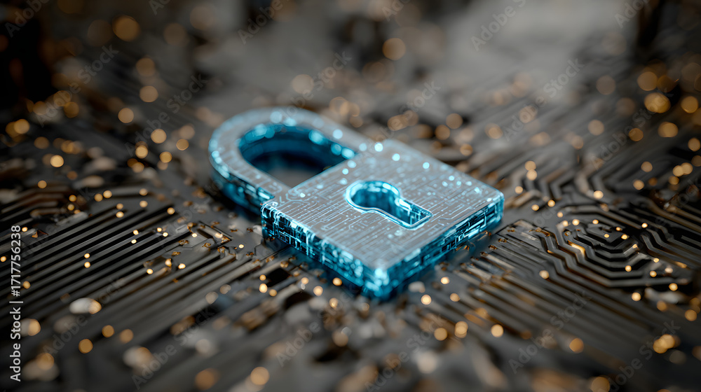 Poster blue glowing lock within a cybernetic circuit, highlighting secure digital systems and data protecti