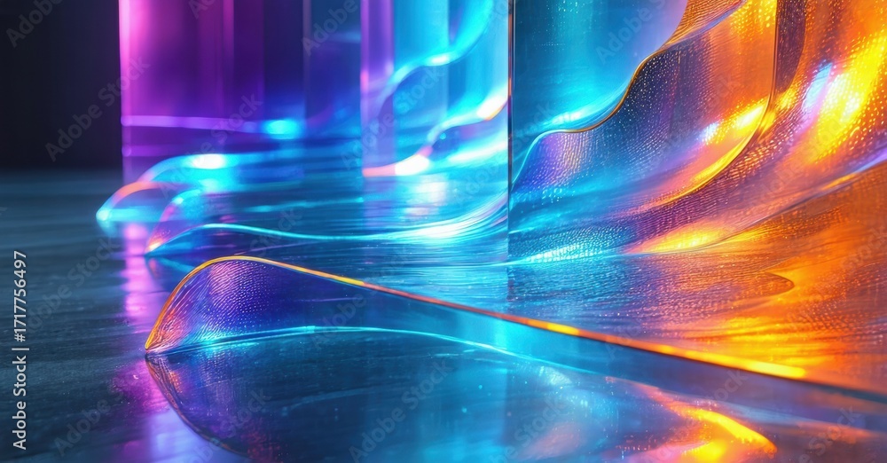 Poster abstract light forms, vibrant colors, smooth curves. reflective surfaces create dynamic visual exper