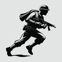 Fototapeta premium Silhouette of a determined soldier in uniform running with a rifle and backpack