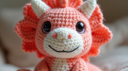Fototapeta premium Сlose-up of a cute knitted dinosaur toy in pink, white, and orange yarn with large expressive eyes and detailed fabric texture