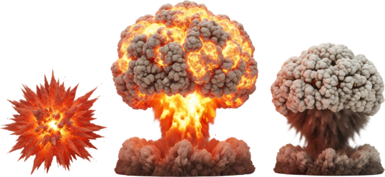 Three distinct explosions with varying smoke and fire intensity isolate blast mushroom cloud burst energy