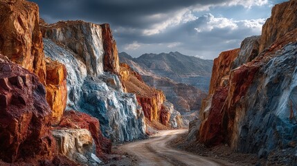 Obraz premium Vibrant Landscape of Colorful Rock Formations Illuminated by Dramatic Clouds in Mountain Range