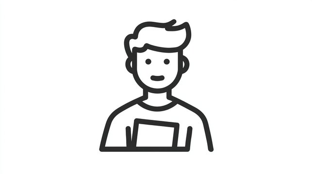 Simple line art of a smiling boy holding a tablet
