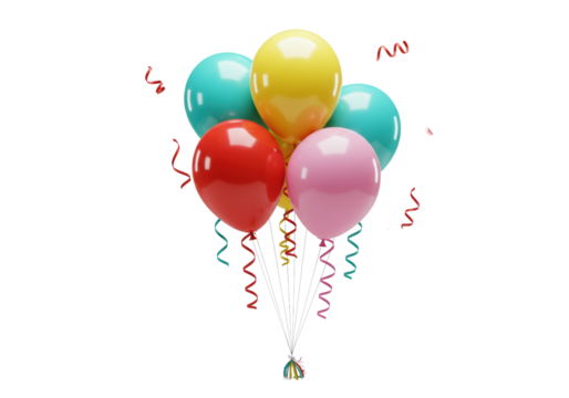 Vibrant helium balloons with shimmering streamers and scattered confetti, isolated on a clean transparent background, professional studio shot. Celebratory concept