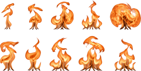 Ten isolated orange flames in various shapes and sizes detailed dynamic glowing isolate fire burning
