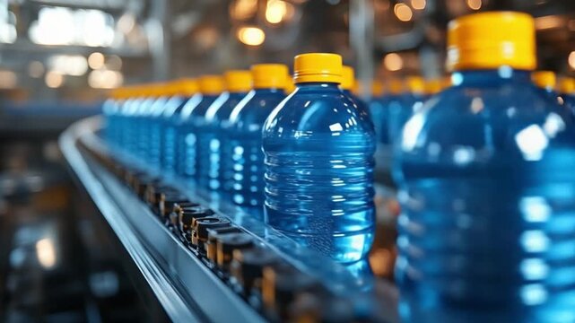Bottled Energy on the Production Line: A close-up view captures the sleek, modern efficiency of a bottling plant. Rows of vibrant blue bottles, capped with bright yellow.