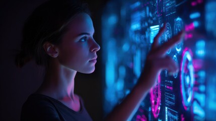 Focused Young Woman Interacting with Blue and Pink Futuristic Interface Display