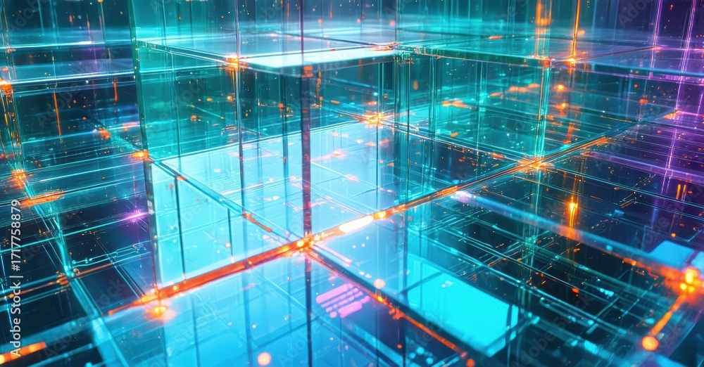 Aufkleber abstract digital network. glowing lines form cubic structure, vibrant colors create futuristic impre