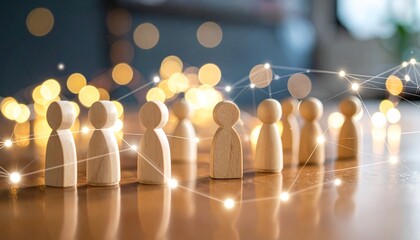 wooden figurines arranged in a row beneath glowing digital nodes and lines, set against a blurred bokeh background,