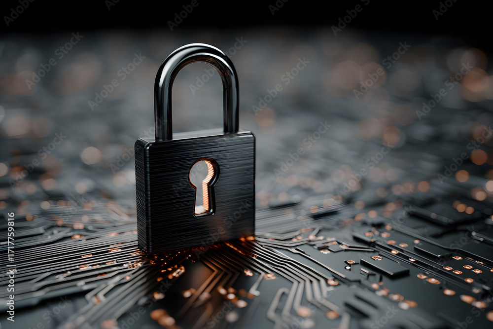 Poster lock with circuit pathways. data security, cybersecurity, cyber defense concept.