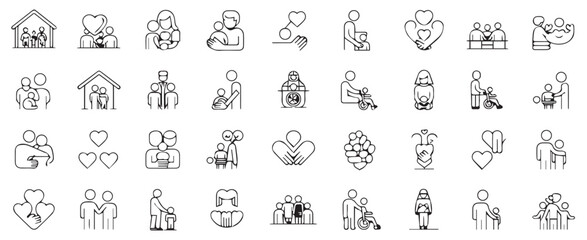 Family and parenting line icon set. Including couples, single parents, children, elderly, baby, newborn, teenager and more others.Editable stroke.