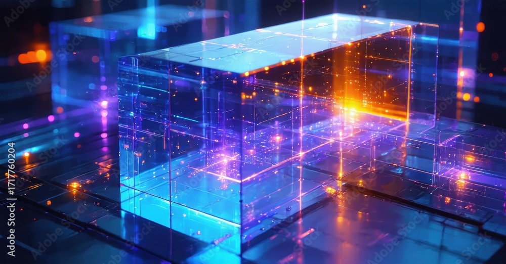 Poster abstract glowing cube structure. digital network, vibrant colors, futuristic design. complex geometr