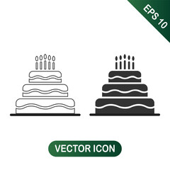 Three tiered birthday cake with candles black and white line art