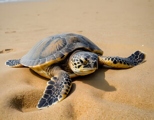 Newborn green sea turtle on a sandy beach Record of the first voyage to the sea, turtle on the sand