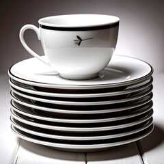 Stacked white porcelain teacups and saucers