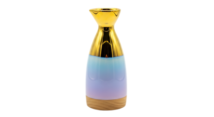 Elegant vase isolated on transparent background the vase features a gradient of pastel colors, transitioning from light blue at the top to soft lavender at the bottom, with a wooden base and a gold to