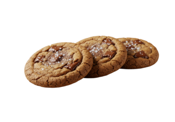 Three gourmet artisanal chocolate chip cookies with melted chocolate chunks and glistening sea salt on a minimalist off-white plate, soft studio lighting, macro shot with shallow depth of field,
