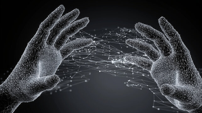 Abstract digital AI chip floats between human and technological wiring, glowing softly within a dark gray scene of futuristic connection. - Powered by Adobe