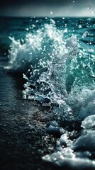 Obraz premium Gentle waves break near the shore, scattering droplets of water against soft sand