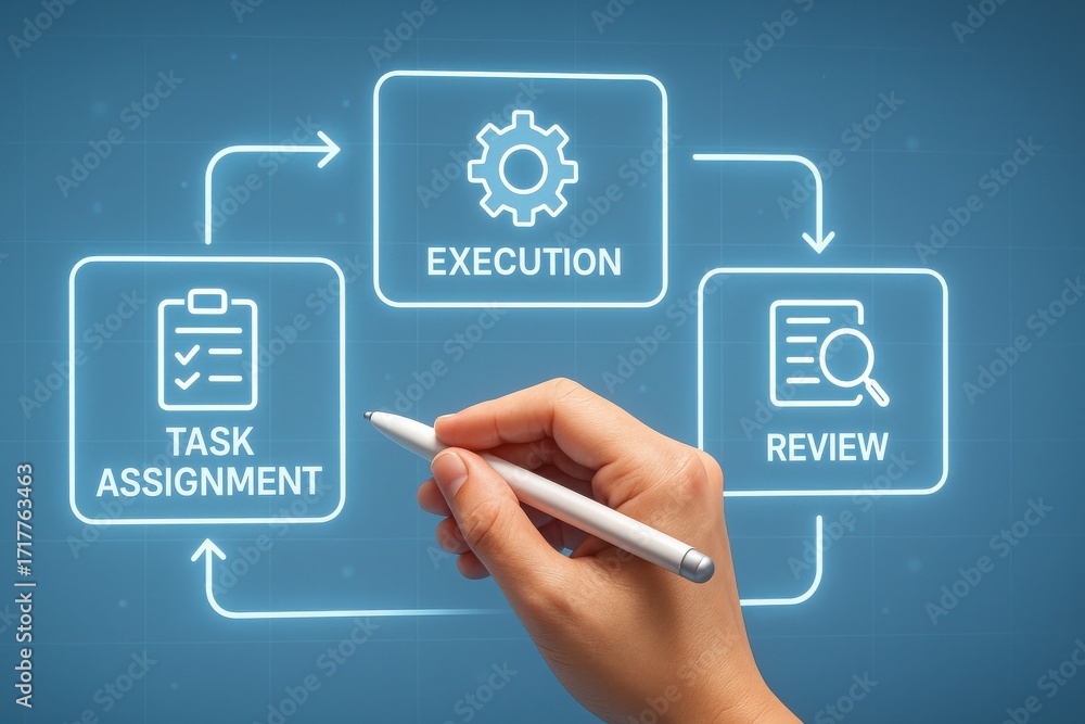 Aufkleber workflow process with task assignment execution and review illustrated in simple design