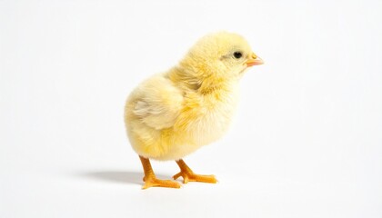 Obraz premium Fluffy yellow chick standing on white background with orange beak and feet, facing slightly right.