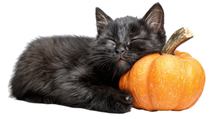 Cute black cat hugging a pumpkin with smiling expression isolated on transparent background 