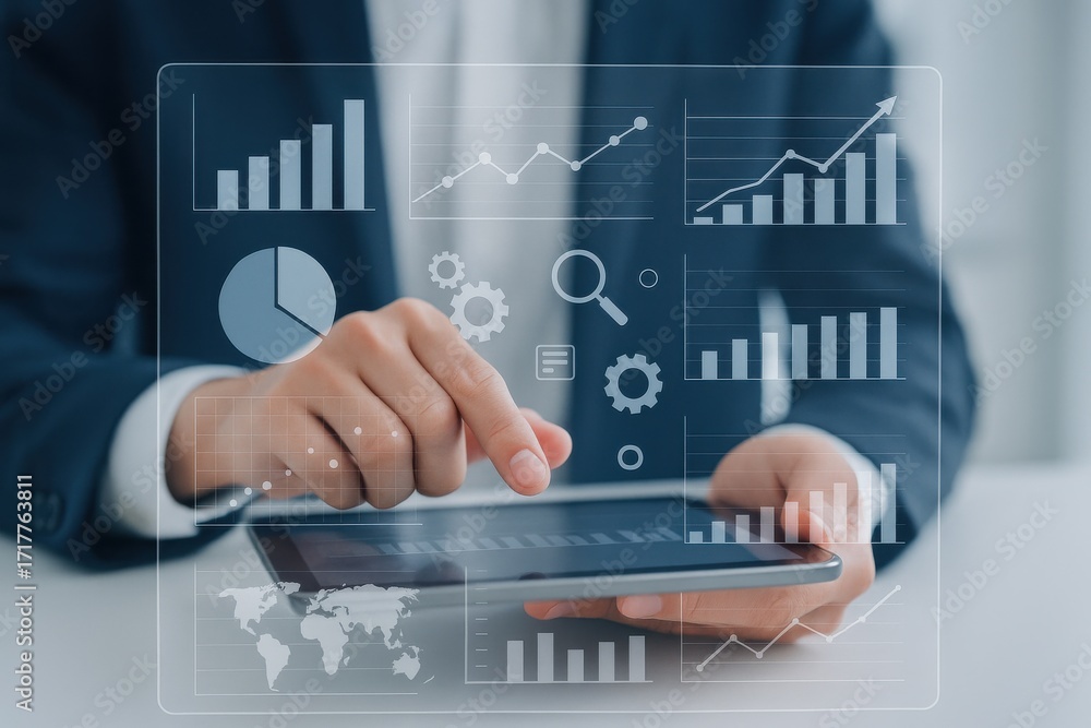 Poster business data analysis with tablet and graphs in modern office environment