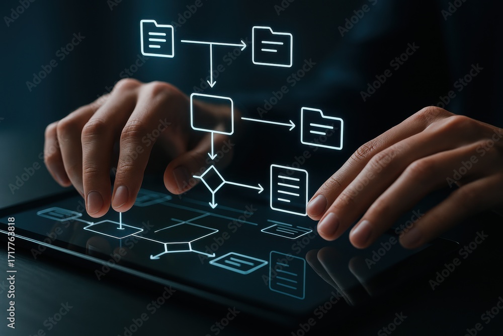 Poster hands using tablet with flowchart diagram for project management and data organization tasks