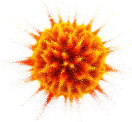 Abstract sunburst explosion of vibrant orange and yellow particles glowing with light isolated transparent background