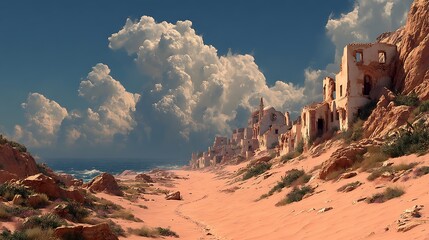 Forgotten fortress ruins beside coastal desert high resolution image