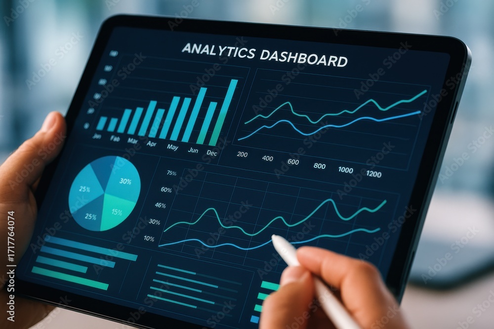 Poster hands holding tablet displaying colorful analytics dashboard with graphs and data trends