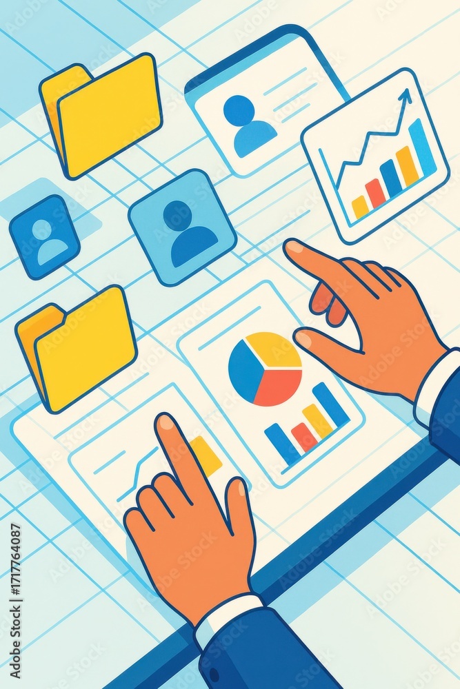 Poster business analysis and data visualization concept with modern technology and hands displaying informa