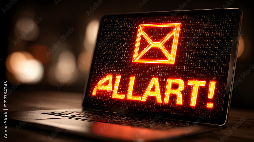 Poster email security warning: phishing alert. a laptop screen highlights a digital envelope with a warning